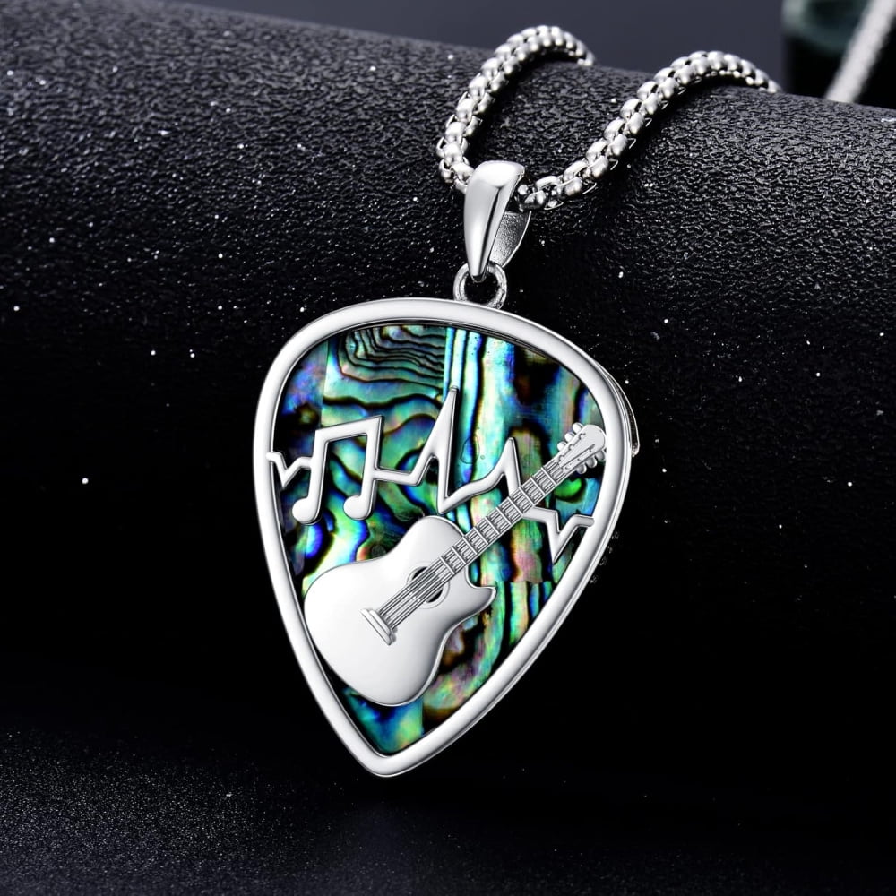 CACA LADY Guitar Pick Holder Necklace 925 Sterling Silver, Soundwave Guitar Pick Pendant Holder Engrave Guitar with Music Note Pendant Jewelry Musicians for Guitar Lovers Music Lovers
