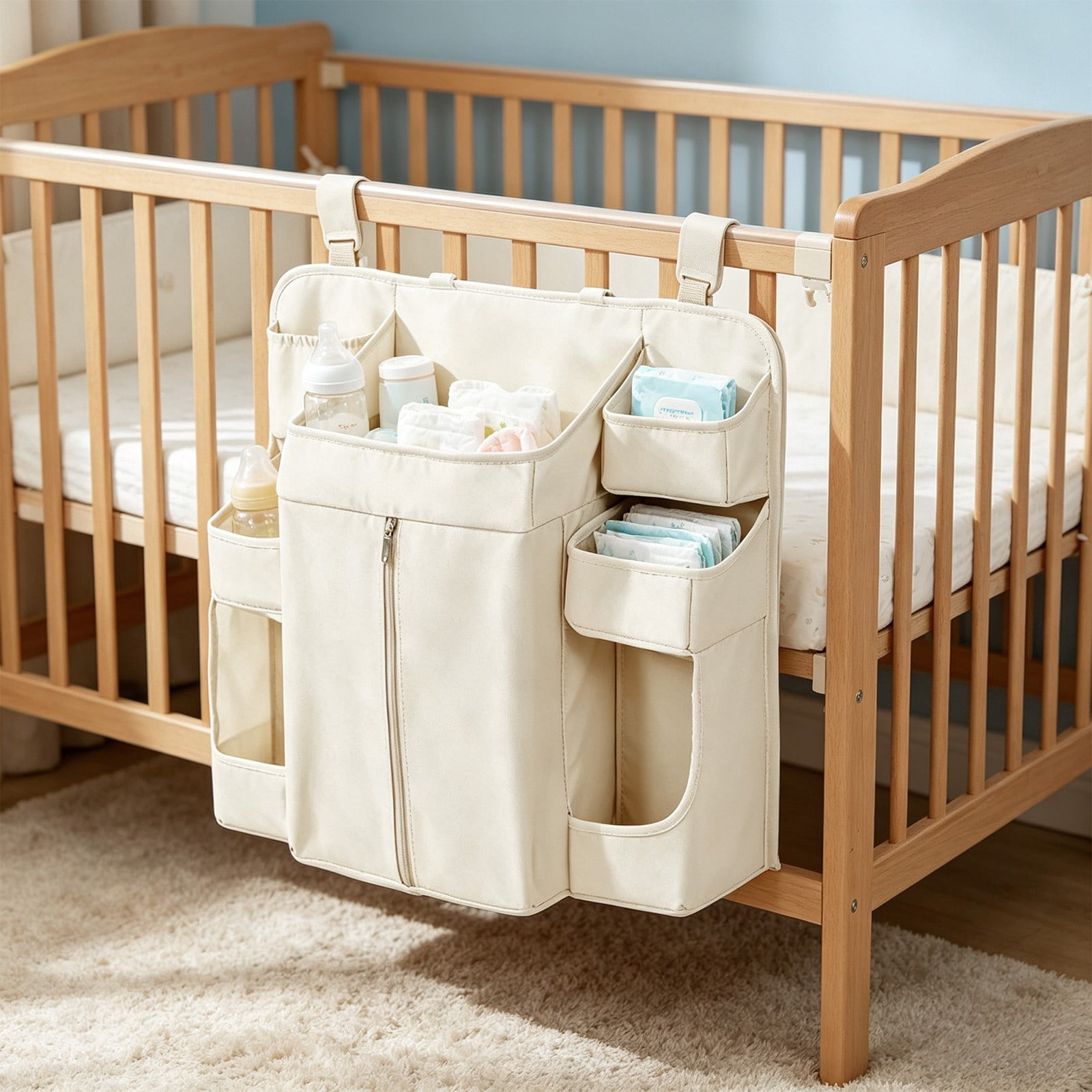 Crib Hanging Storage Bag, Large Capacity Layered Pockets, Waterproof Oxford Fabric, Drill Free Installation, Washable Nursery Organizer for Diaper Storage, Baby Essentials and Bedroom Tidying