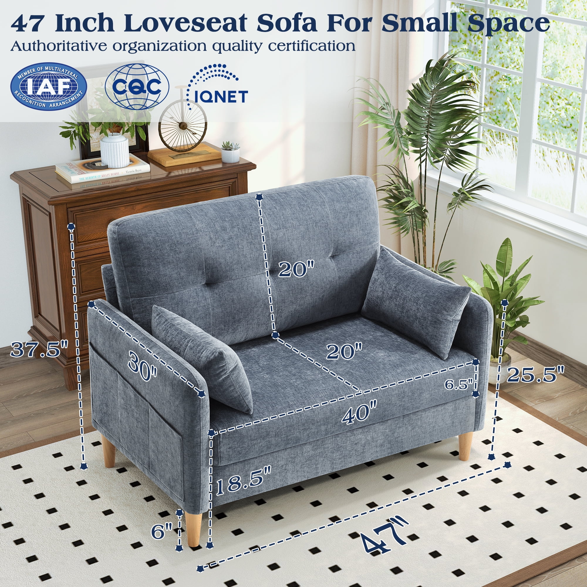 BedLuxury 47'' Wide LoveSeat, 2-seat Chenille sofa with 2 Pillows for Living Room and Small Spaces, Blue