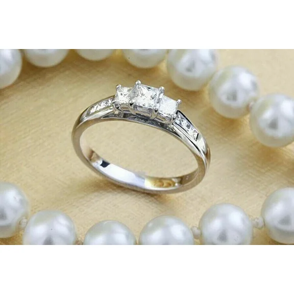 1.05CT Princess Cut Moissanite Three-Stone Engagement Ring 14K White Gold Plated