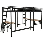 Euroco Metal L-Shaped Twin Size Loft Bed with Two Desk for Kids Teens Bedroom, Black