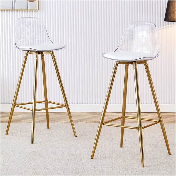 JERFIT Modern Upholstered Bar Stools with Metal Legs, PU Leather Counter Height Chair for Kitchen Island, Dining Room, Living Room, White and Gold
