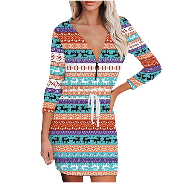 Vestido de sudadera con capucha estampado de manga larga con cremallera informal de Navidad para mujer a la moda Pompotops hdfakjf5720
