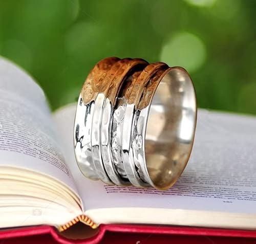 SS DESIGNS Silver Spinner Ring 925 Sterling Silver Three Tone Band with Hammered Finish, Meditation Fidget Spinner Ring for Womenâ€™s Stress Relief