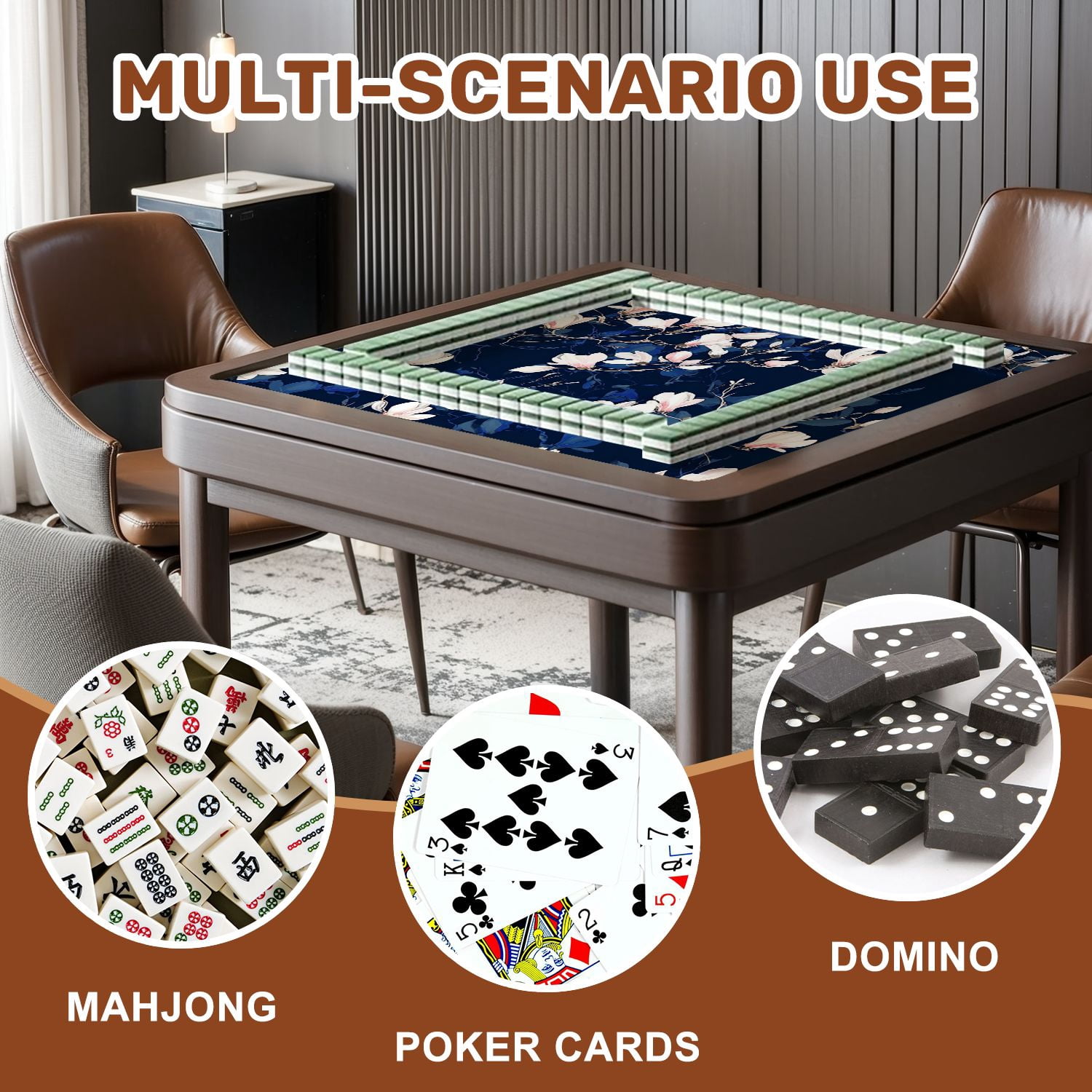 Mahjong Mat 31.5" x 31.5" Magnolia flower Seamless white Non-Slip Noise Reduction American Mahjong Tiles Table Cover for Dominoes Poker Card Board Games Gift