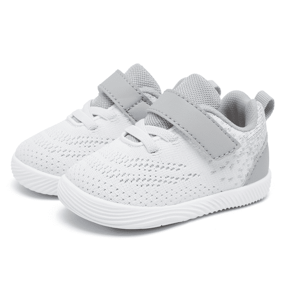 Toddler Sneakers Baby Boys & Girls Barefoot Shoes Lightweight Breathable Walking Running Tennis Athletic Sport Shoes White Gray 18-24 Months Size 7
