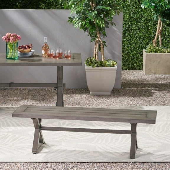59" Modern Outdoor Slat Design Aluminum Dining Bench, Dark Gray