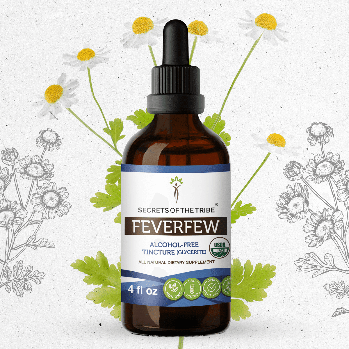 Secrets Of The Tribe Feverfew Organic Tincture Dietary Supplement, Natural Herbal Extract for Nervous Support, Certified Organic Feverfew (Tanacetum parthenium) Dried Herb, Alcohol-Free Extract, 4 oz