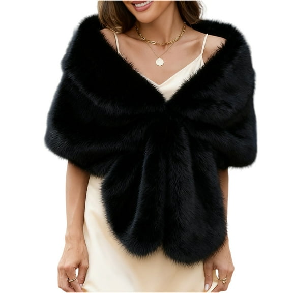 Womens Faux Fur Bridal Fax Fur Stole Cape Shawl Winter Warm Shoulder Wrap for Wedding Birthday Evening Party Black Free