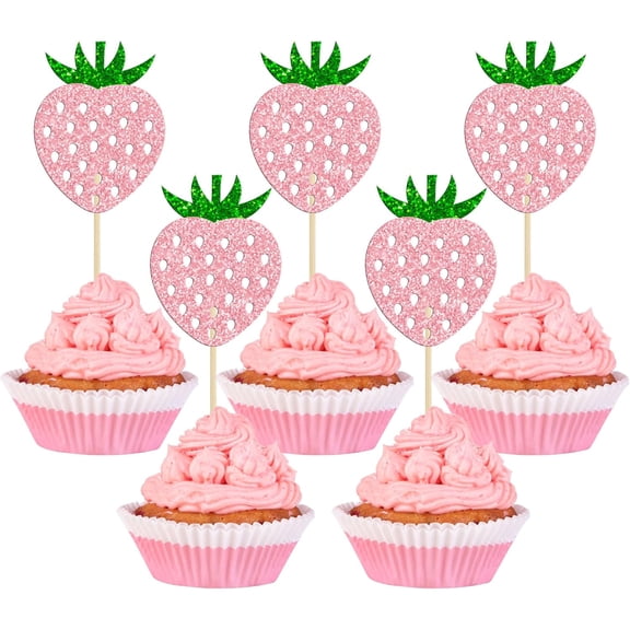 12Pcs Pink Glitter Strawberry Cupcake Toppers, Summer Fruit Theme Picks for Kids Birthday Party Cake Decorations