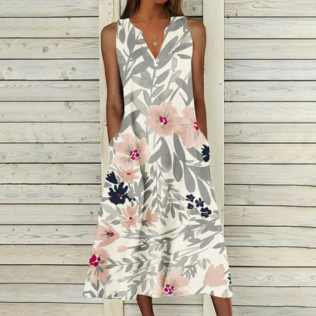 EQWLJWE Liquidation d'Été! Robe Décontractée à Fleurs Design d'Été pour Femmes Robe Sans Manches à Col en V Robe de Soirée Robes pour Femmes 2023
