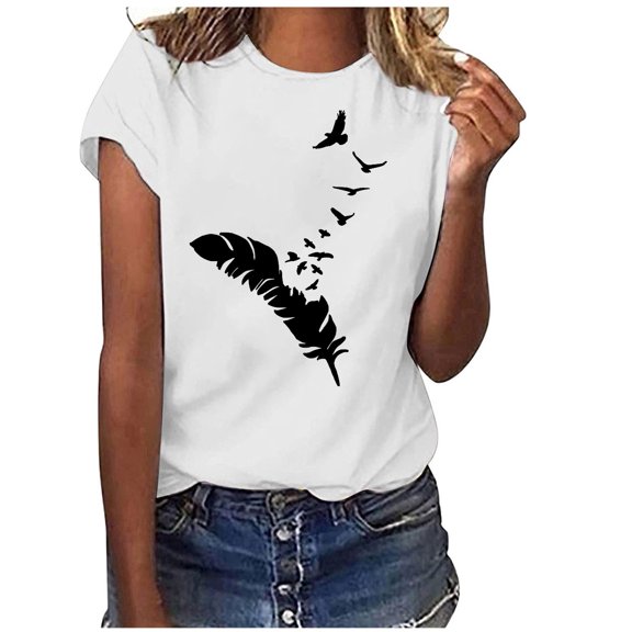 Fesfesfes Womens Work Shirts Fashion Womens Round-Neck Short Sleeve Print Casual T- Shirt Blouse Tops V Neck Tops for Women S(US:4)