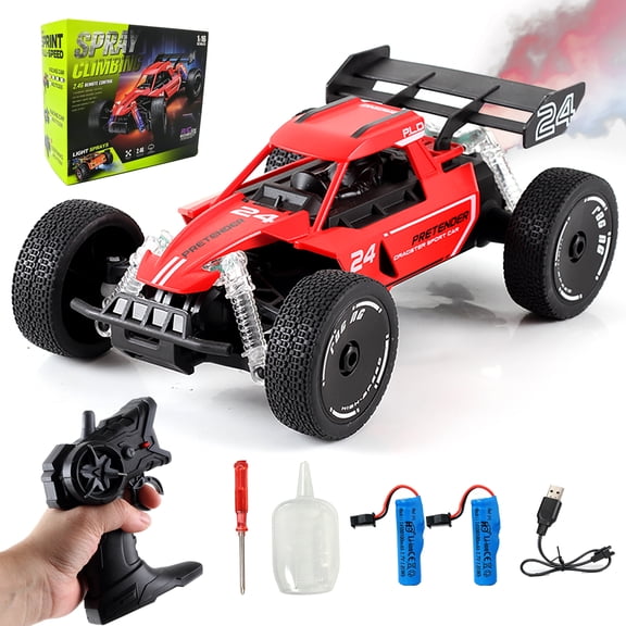 Kuzcoce 2.4GHz Remote Control Car with Mist Spray LED Light & Music, Off-Road RC Truck with Rechargeable Battery, Toy Vehicle Gift for Boys & Girls Kids