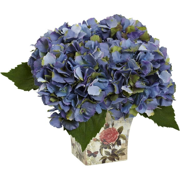 Nearly Natural Hydrangea Artificial Flower Arrangement with Floral Planter, Blue