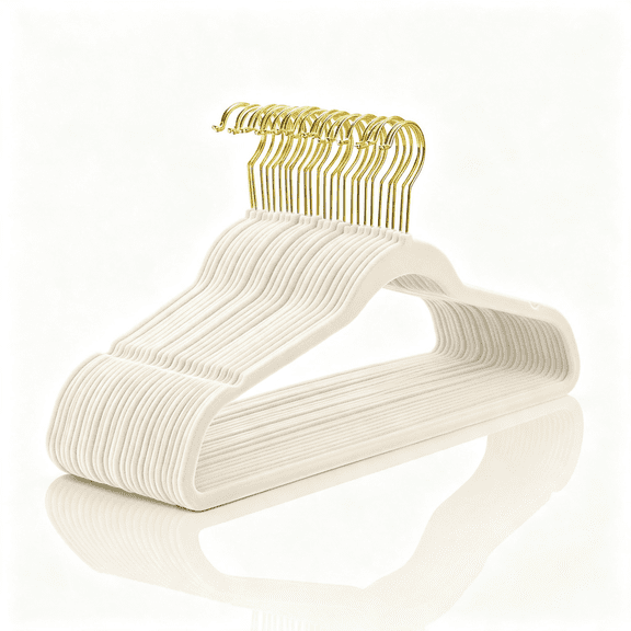 XIBUFE Premium Velvet Hangers Pack 30 Pcs Heavyduty - Non Slip Slimline - Velvet Suit Hangers Ivory - Gold Hooks,Space Saving Clothes Hangers Hangers Velvet