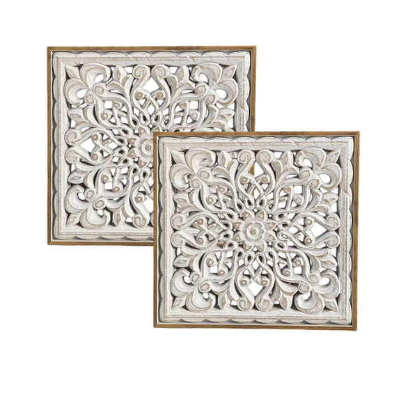 2 Pack Boho Carved Wood Wall Sculpture, Intricate Floral Mandala Design with Distressed White Finish, Vintage Farmhouse Wall Art Panel with Floater Frame for Bedroom Entryway