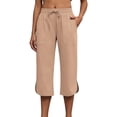 thumbnail image 3 of Floleo Women's solid cropped pants with elastic drawstring waist side pockets and side slits for summer casual daily wear relaxed fit capri trousers, 3 of 7