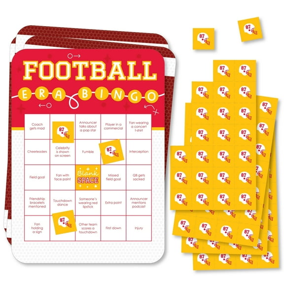 Big Dot of Happiness In My Football Era - Bingo Cards and Markers - Red and Gold Sports Party Bingo Game - Set of 18