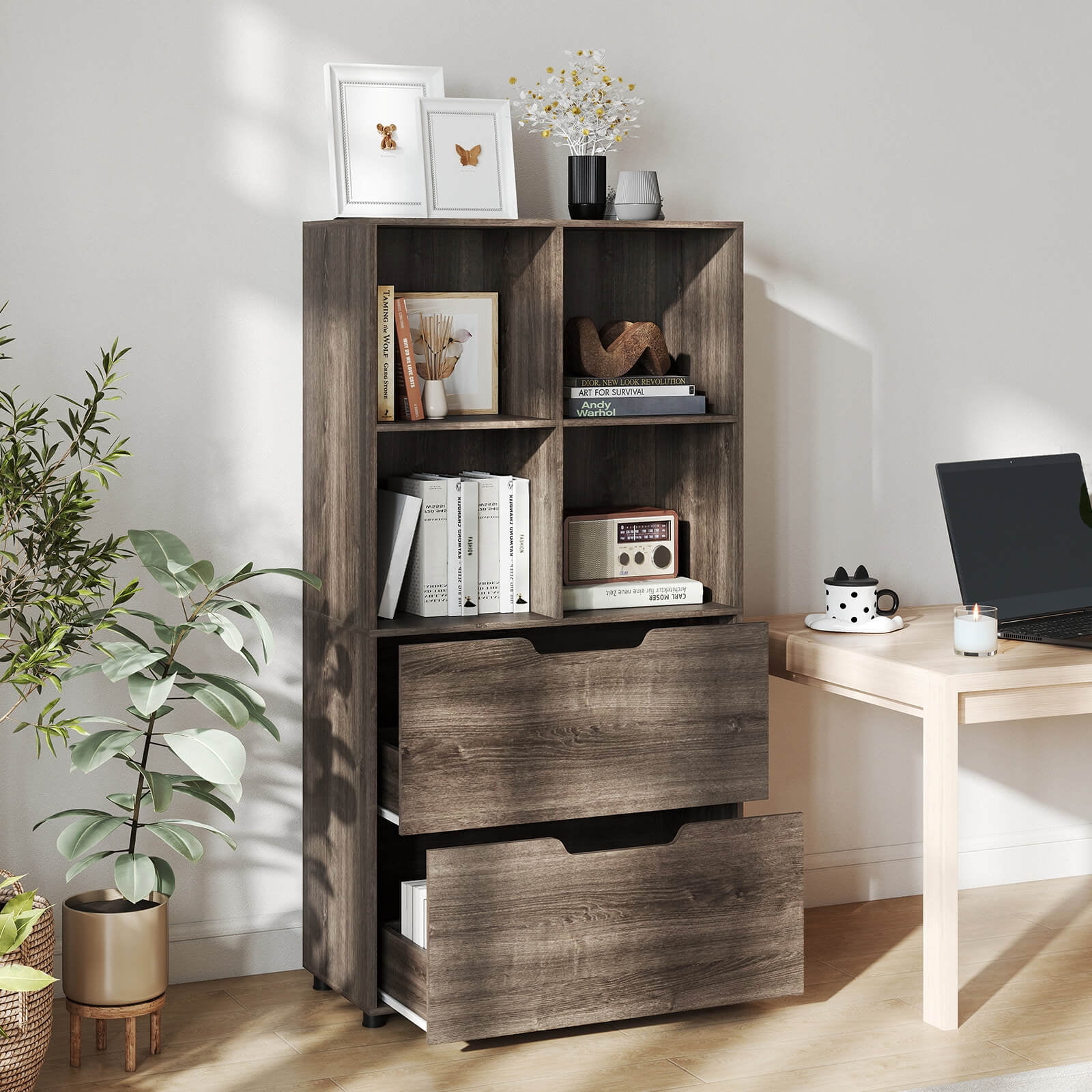 Costway 2 PCS 4-Cube Bookcase with 2 Drawers, Tall Freestanding Bookshelf for Living Room Gray