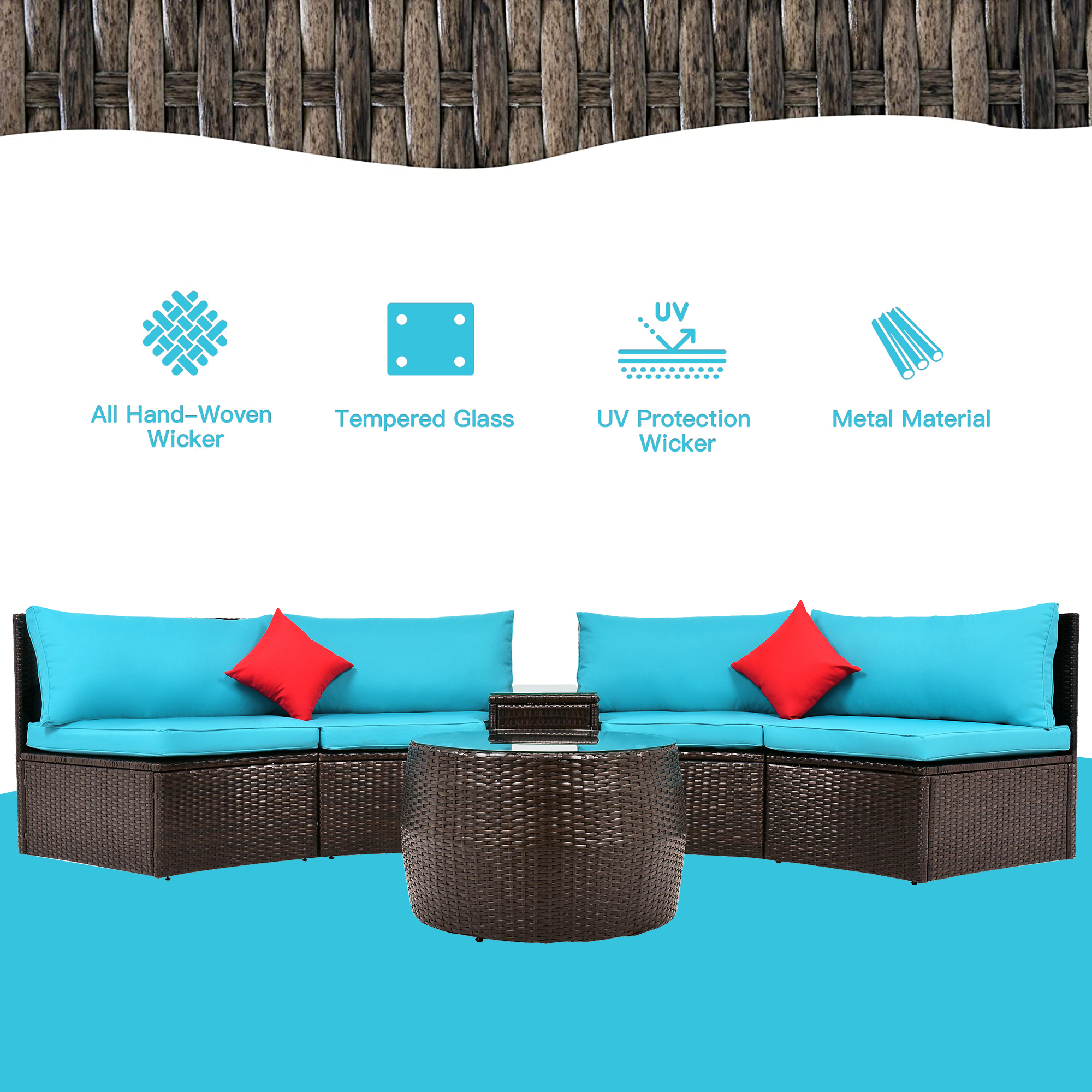 4PCS Outdoor Patio Furniture Sets, Patio Rattan Wicker Half-Moon Sectional Furniture Conversation Sets with 2 Pillows, Coffee Table and Side Table, Backyard Wicker Outdoor Companion Sets, S1617 - image 4 of 9