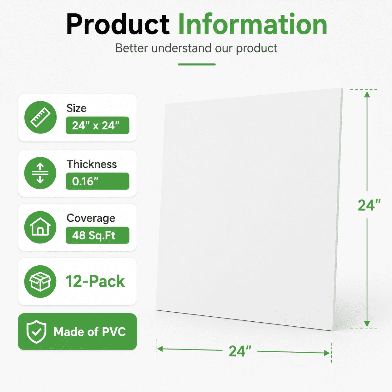 Yeslife 12-Pack 2ft x 2ft PVC Drop Ceiling Tiles, White, Waterproof Reusable Planks for Home Office, 48 sq ft Cover