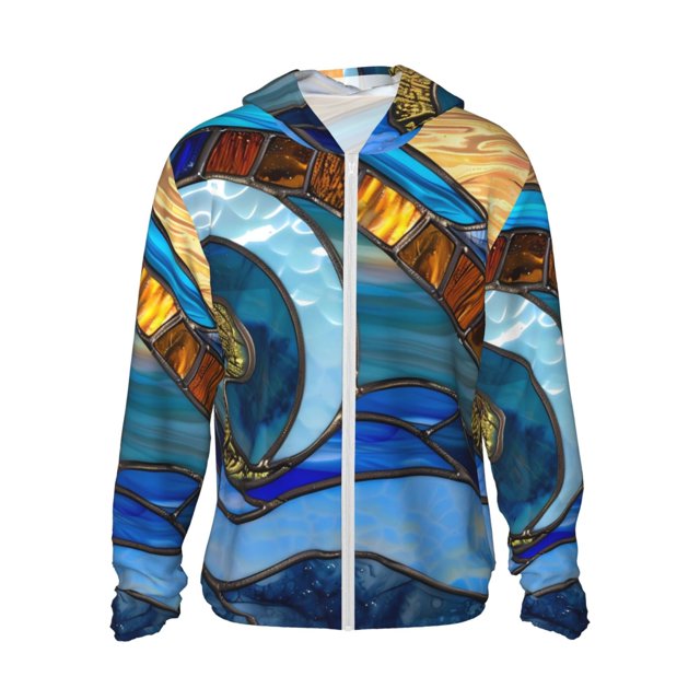 KLL Sweat à Capuche Extérieur Protection Solaire UPF 50+ pour Hommes et Femmes Imprimé Vague Océan Manches Longues Pêche Randonnée Performance-Petit