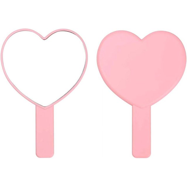 Espejo de mano para viajes en forma de corazón, espejo de mano cosmético con asa, color rosa