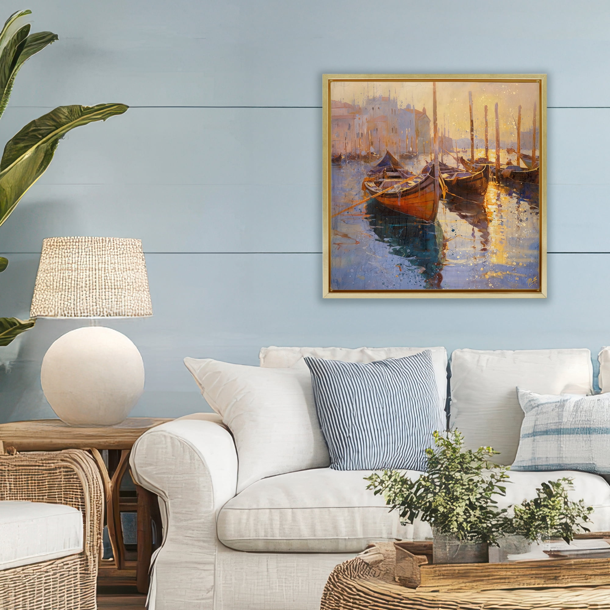 Stupell Industries Speckled Venice Boats Gold Framed Floater Canvas Wall Art, design by Marta Wiley