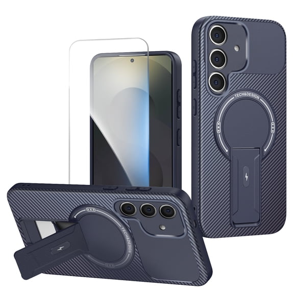 For Samsung Galaxy A17 5G Case with Tempered Glass Screen Protector, Magnetic Cover Compatible with Mag Safe Sleek Carbon Fiber Case for Women Men, Blue