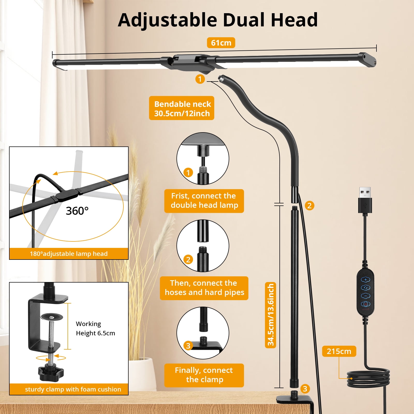 Desk Lamp Clamp Light, Dual Head, Flexible Long Clip Light, 5 Modes x 10 Brightness Dimmable, 12W 960lumen, Usb Office Clamp Task Table Lamp, Black