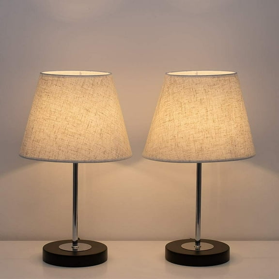 Set of 2 Silver Table Lamps with Marble Base and Linen Fabric Shade