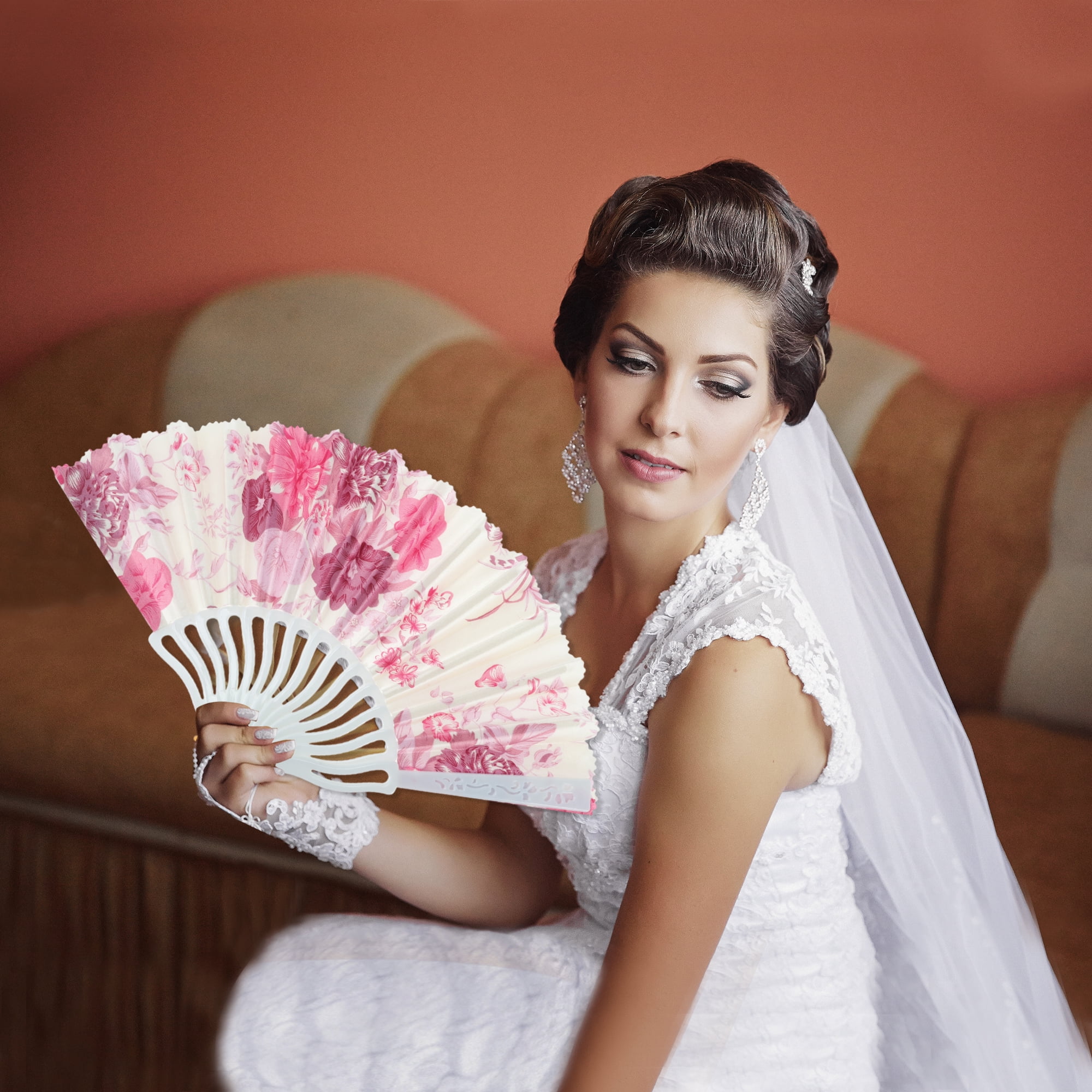 Unique Bargains Elegant Floral Design Folding Hand Fan Pink