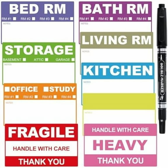400 Count Removable Home Moving Labels, 3.4 x 2 inches 9 Color Coded Moving Stickers Including Fragile 、Heavy and Blank Labels with 1 Pen