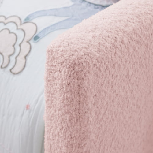 Twin Size Upholstered Platform Bed with Rabbit Ear Headboard, Pink Boucle, Safety Rail and Storage Pocket