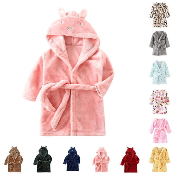 UJNDER Kids Long Sleeve Reversible Thick Cartoon Printed Hooded Flannel Bathrobe Soft Pajamas for Boys Girls 1-12 Y Kids Robes for Girls,02_Pink,5-6 Years