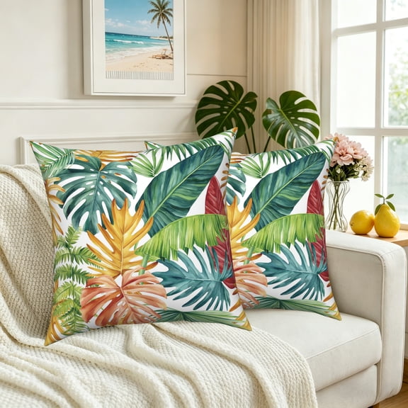Summer Tropical Palm Leaves Pillow Covers 18x18 Set of 2 Double-Sided Beach Throw Pillows Case for Living Room Bedroom