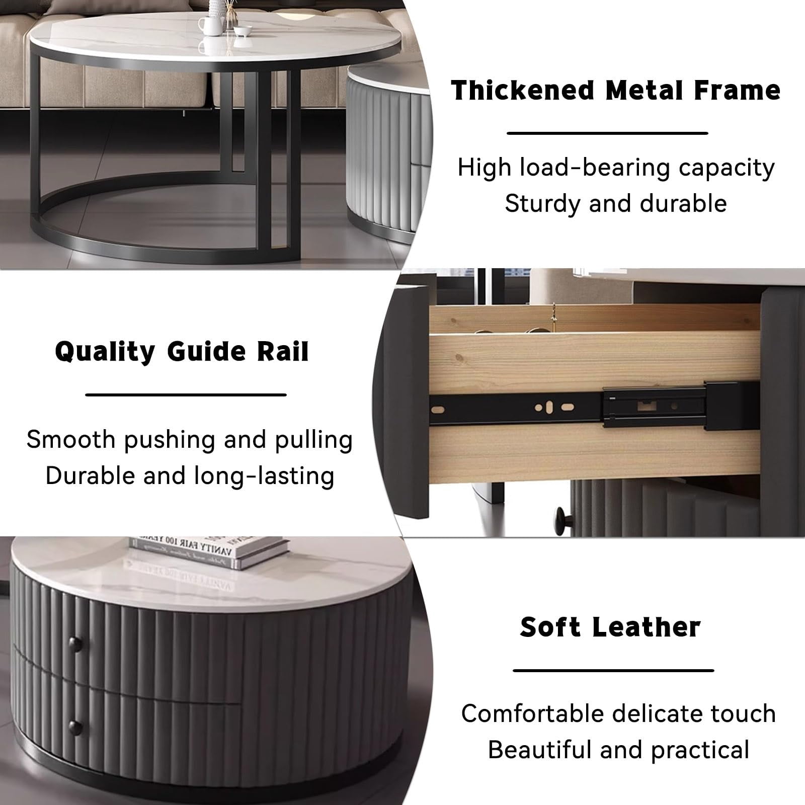 Black Coffee Table Round Set of 2 Nesting Coffee Table for Living Room Circle Coffee Table with Storage Drawer Mid Century Modern Coffee Table with Marble Desktop Large Round Coffee Table