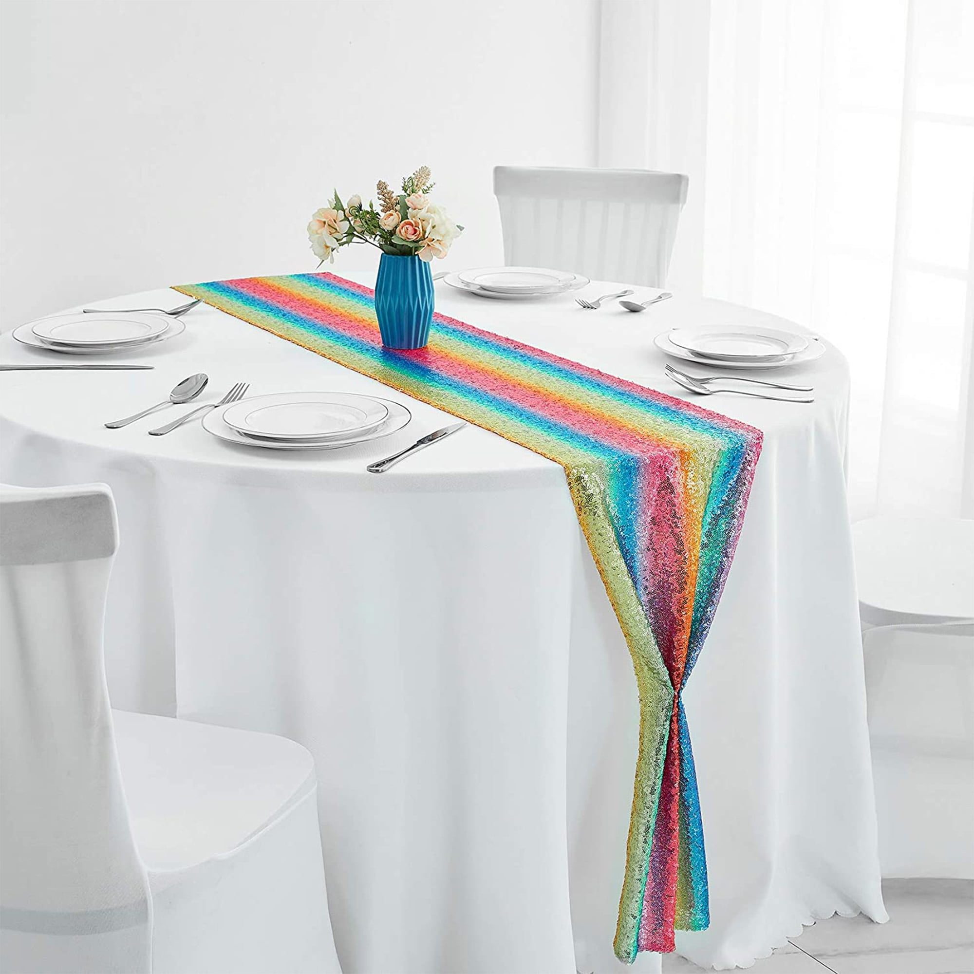 Rainbow Glitter Tablecloth Sequin Table Runner Festival Wedding Party Decor FW 