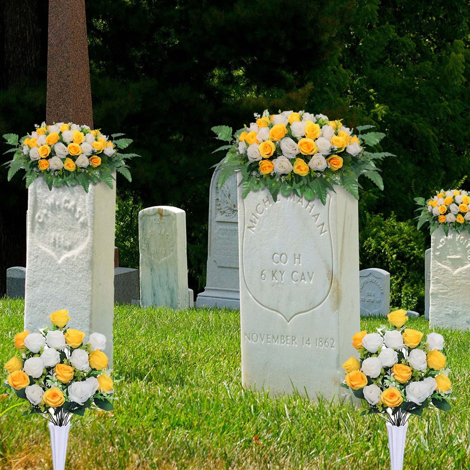 Artificial Cemetery Flower Bouquet with Saddle Weather-Resistant Realistic Silk Rose Memorial Arrangement Lasting Grave Decor for Headstones, Memorials & Cemetery Visits