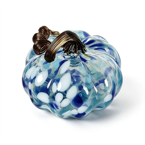 Hand Blown Blue Spotted Glass Pumpkin Ornament 6.3in,Halloween Thanksgiving Table Decor for Home Display Gift