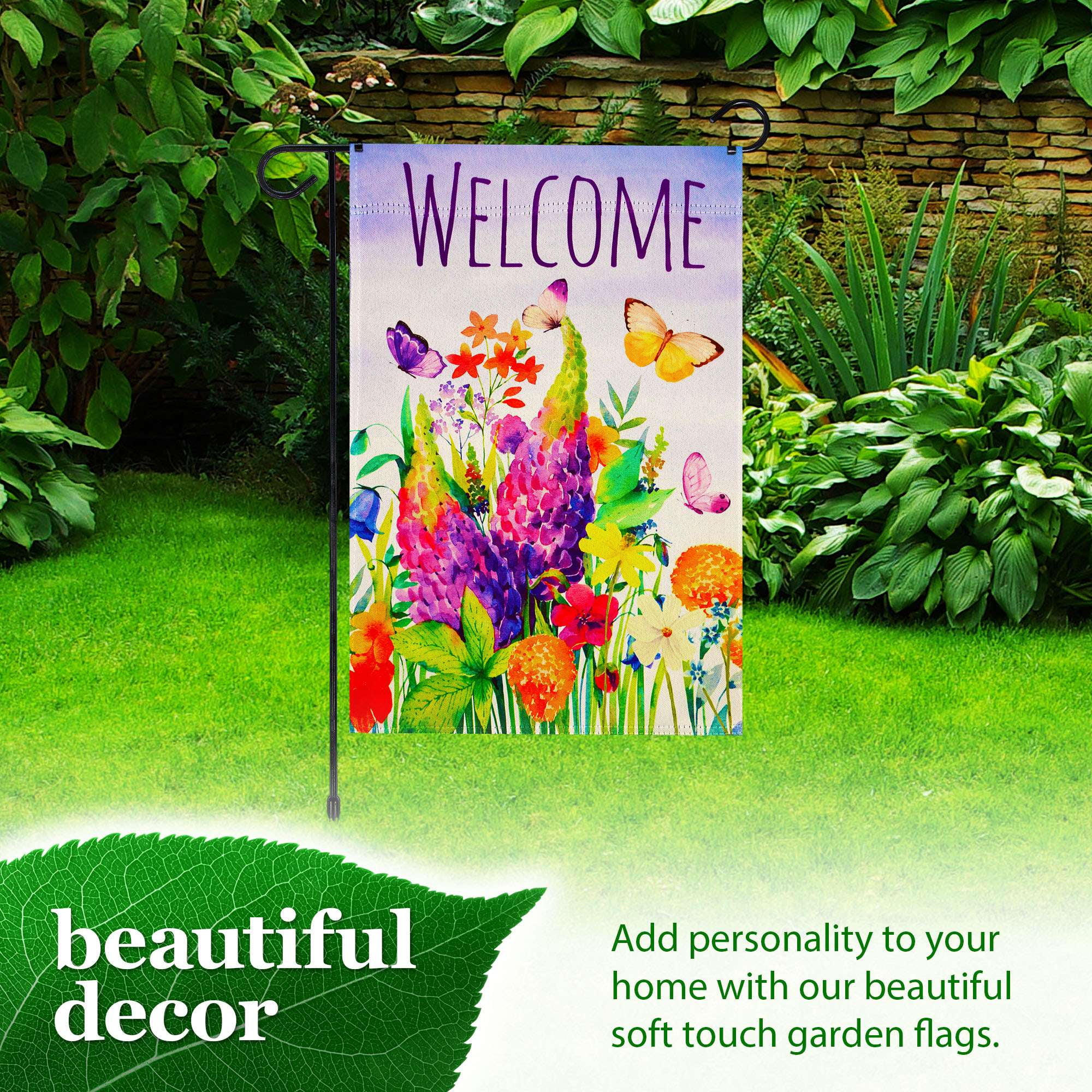 G128 Combo Pack Garden Flag Stand Black 36x16IN & Garden Flag Spring Floral Butterfly Welcome Printed 12x18IN Double Sided Yard Garden Lawn Decoration