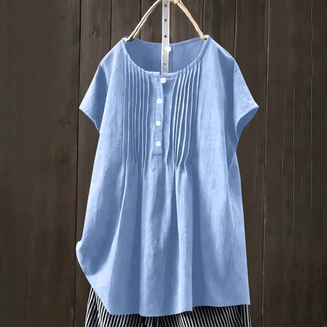 TaTaai Women's Casual Pleated Blouse Short Sleeve Round Neck Button Front Linen Feel Solid Color Top Soft Lightweight Spring Summer Daily Beach Wear Gift