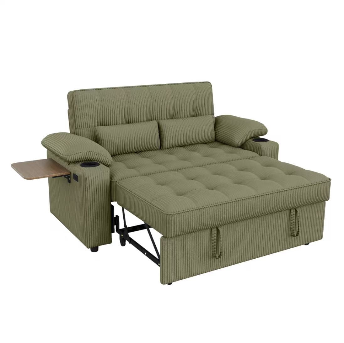 58" Sleeper Sofa Bed, Full Size Pull Out Couch, Convertible Loveseat Sofa with 5-Level Adjustable Backrest, USB Charging Ports, Cup Holders & Foldable Side Table, for Living Room, Apartment & Office