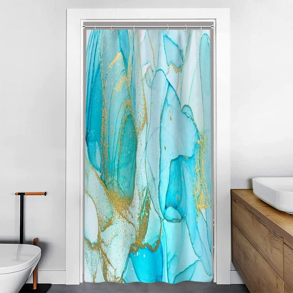 Small Shower Curtain, Abstract Modern Teal and Gold Marble Texture Stall Shower Curtain Set for Bathroom Waterproof Polyester Narrow Bathroom Decor with Hooks, 36x72 Inch