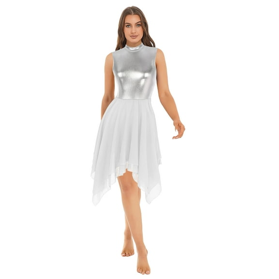 YIZYIF Womens Metallic Color Contrast Lyrical Dance Dress Irregular Hem Liturgical Worship Dancewear White XL