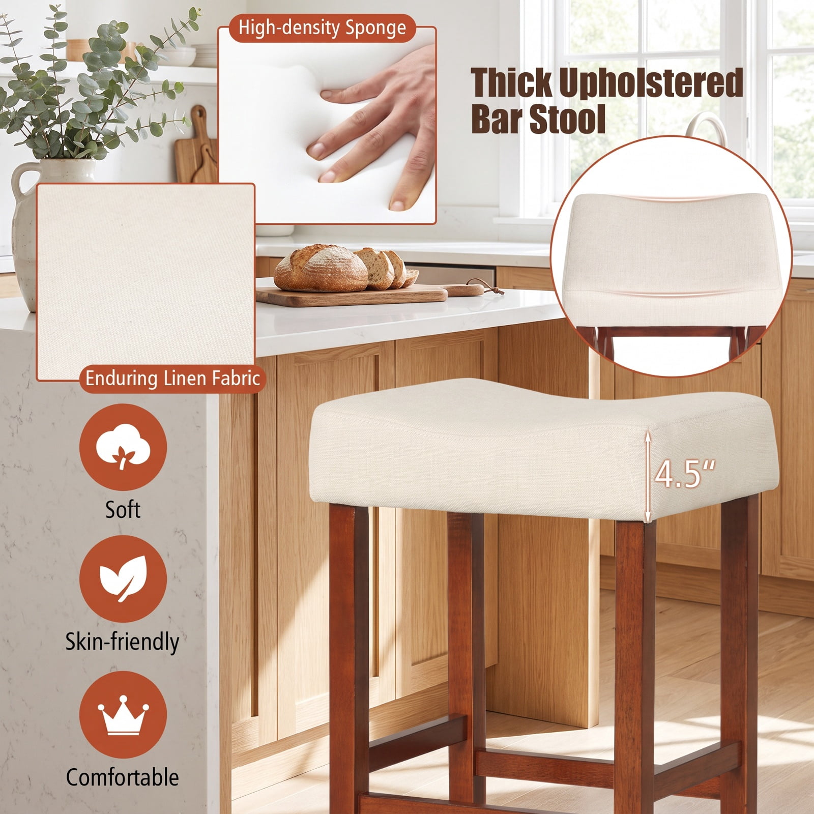 Furnibear Set of 2 24 Inch Bar Stool with Curved Seat Cushions-Off White for Kitchen Island Counter Bar Pub Dining Home, Brown
