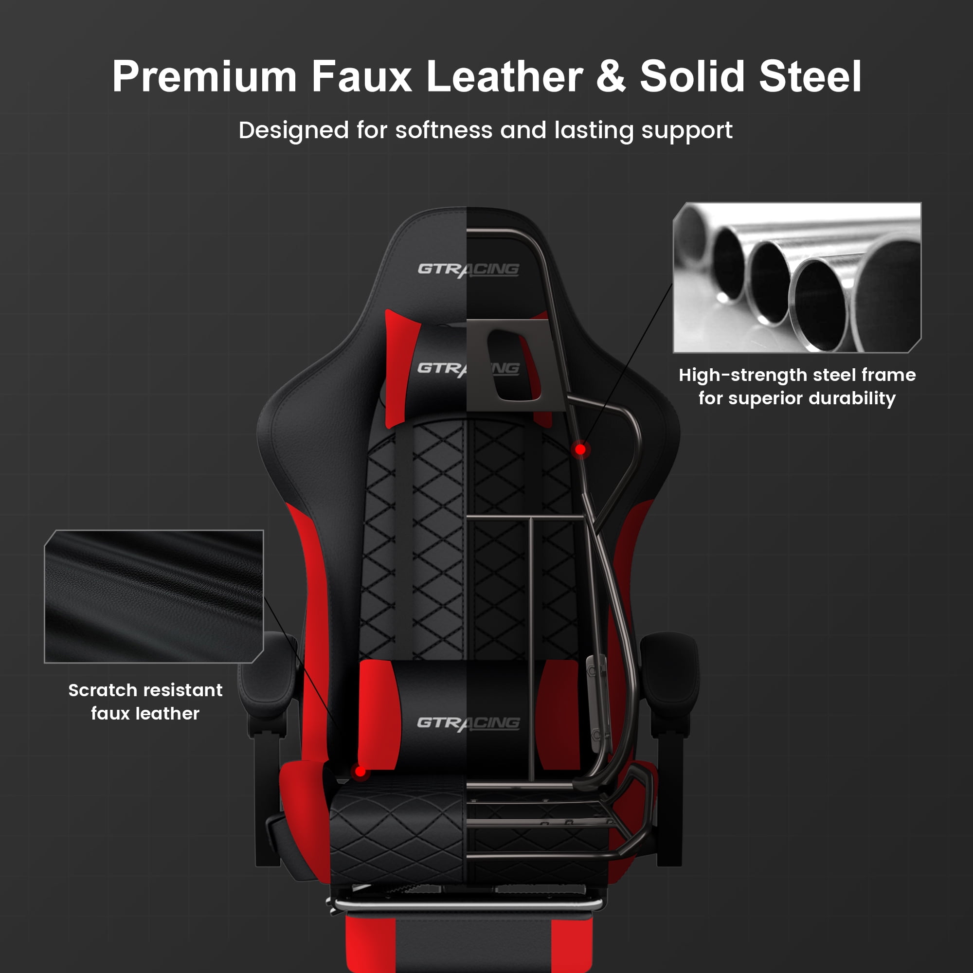 GTRACING GTW-100 Reclining Gaming Chair with Bluetooth, Adjustable Pillows and Footrest, Red