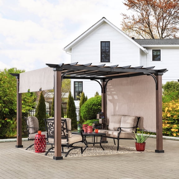 Sunjoy 11 x 11 ft. Metal Pergolas with Natural Wood Looking Finish and Tan Adjustable Canopy Shade Covered Pergolas