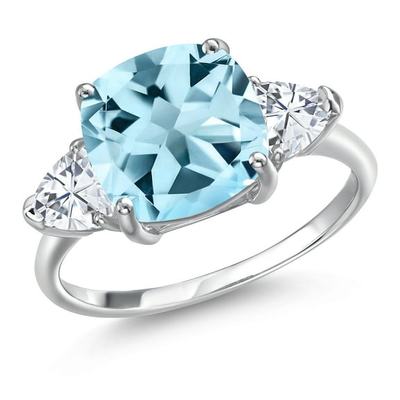 Gem Stone King 10K White Gold 3-Stone Ring Cushion Sky Blue Topaz and Moissanite (5.19 Cttw, Size 5)