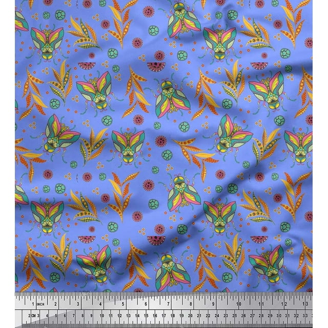 Soimoi Cotton Duck Fabric Leaves,Floral & Housefly Insects Print Sewing Fabric Yard 56 Inch Wide